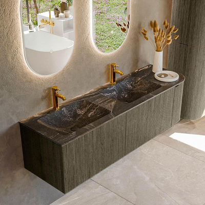Mondiaz KURVE-DLUX Ensemble de meubles de salle de bains - 155x46x40cm - 2 tiroirs - 1 porte - lavabo solid surface - double / gauche - 2 trous de robinet - Shadow
