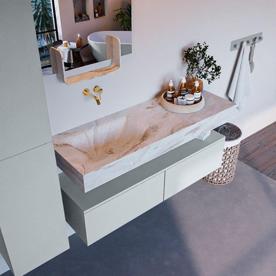 Mondiaz ALAN-DLUX Ensemble de meuble - 130cm - meuble Clay mat - 2 tiroirs - Lavabo Cloud Frappe suspendu - vasque Gauche - 0 trous de robinet