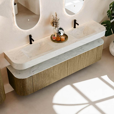 MONDIAZ THOR-DLUX 200cm meuble de salle de bains arrondi gauche + droite couleur Dusk avec 2 tiroirs et 2 portes. Vasque suspendue CLOUD Double 2 trous de robinet couleur Opalo.