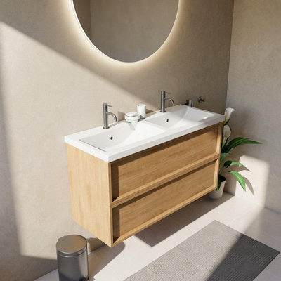Saniclass Holz Frame Ensemble meuble de salle de bains - 120x45x63.5cm - Bari lavabo en céramique blanc - 2 vasques - 2 trous de robinetterie - 2 tiroirs - chêne natural mat (bois)