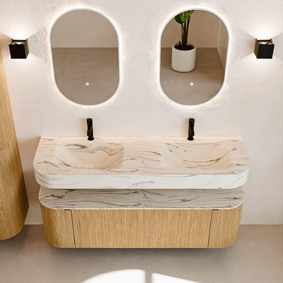 MONDIAZ THOR-DLUX 150cm badmeubel ronding links + rechts kleur Oak met 1 lade en 2 deuren. Vrijhangende wastafel CLOUD Dubbel 2 kraangaten kleur Nata.