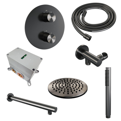 BRAUER Gunmetal Edition thermostatische Inbouw Regendouche - 3-weg - rond - set 73 - 20cm hoofddouche - rechte muurarm - staaf handdouche - doucheslang - wandaansluitbocht - gunmetal geborsteld PVD