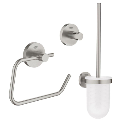 GROHE Essentials Ensemble d"accessoires pour toilettes 3 pièces avec porte-balai de toilettes, patère et porte-rouleau de papier toilette sans couvercle supersteel