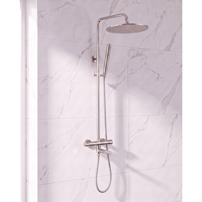 Fortifura Calvi Regendoucheset - thermostatisch - 25cm hoofddouche - gladde slang - staaf handdouche - draaibare baduitloop - PVD - geborsteld RVS