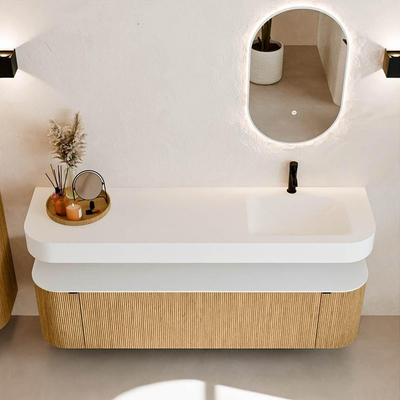 MONDIAZ THOR 170cm meuble de salle de bains arrondi gauche + droite couleur Oak avec 1 tiroir et 2 portes. Vasque suspendue CLOUD Droite 1 trou de robinet couleur Talc.