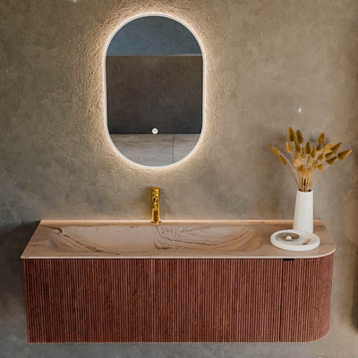 MONDIAZ KURVE-DLUX Meuble de salle de bains 135 cm arrondi à droite couleur Ruby avec 1 tiroir et 1 porte. Lavabo BIG MEDIUM à gauche 1 trou de robinet Arena.
