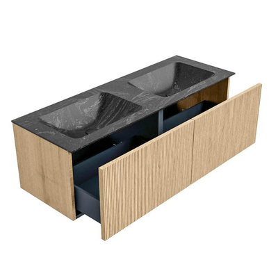 MONDIAZ KURVE-DLUX 130cm Meuble salle de bain - couleur Oak - 2 tiroirs - vasque LEAF double - sans trou de robinet - couleur Lava