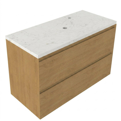 Saniclass Holz Pure Ensemble de meubles de salle de bains - 100x45x63cm - Plan vasque en marbre Dia poli (blanc) - 1 trou de robinetterie - 2 tiroirs - chêne natural mat (bois)