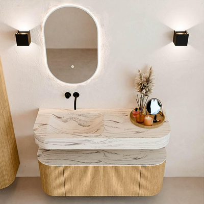 MONDIAZ THOR-DLUX 120cm badmeubel ronding links + rechts kleur Oak met 1 lade en 2 deuren. Vrijhangende wastafel CLOUD Links zonder kraangat kleur Nata.