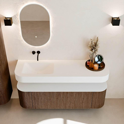 MONDIAZ THOR Meuble de salle de bains 150cm arrondi gauche + droite couleur Walnut avec 1 tiroir et 2 portes. Vasque suspendue CLOUD Gauche sans trou de robinet couleur Talc.