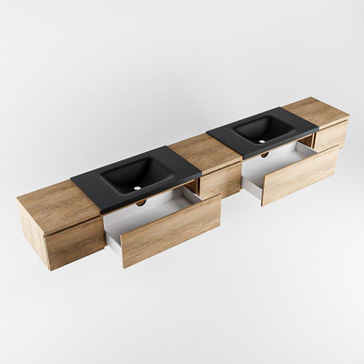 MONDIAZ BUKLA 280cm ensemble de meuble avec module 40 couleur Chêne blanchi avec 5 tiroirs. Lavabo CLOUD double 0 trou de robinet couleur Urbain.