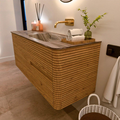 Mondiaz CIRO-DLUX Badkamermeubelset - 120x45x50cm - Solid surface wastafel Sombra - 1 wasbak Rechts - zonder kraangaten - 2 lades - Oak