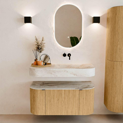 MONDIAZ THOR-DLUX 100cm badmeubel ronding links + rechts kleur Oak met 1 lade en 2 deuren. Vrijhangende wastafel CLOUD Rechts zonder kraangat kleur Frappe.