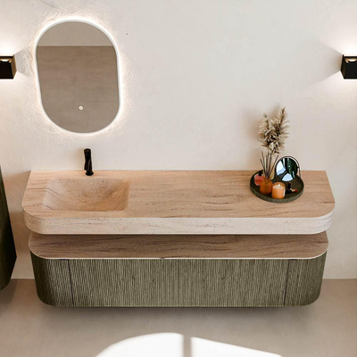 MONDIAZ THOR-DLUX 180cm meuble de salle de bains arrondi gauche + droite couleur Shadow avec 2 tiroirs et 2 portes. Vasque suspendue CLOUD gauche 1 trou de robinet couleur Saba.