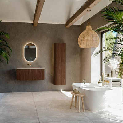 MONDIAZ KURVE Meuble de salle de bains 100 cm couleur Walnut avec 1 tiroir. Lavabo BIG MEDIUM centré sans trou de robinet Talc.