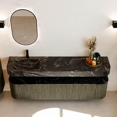 MONDIAZ THOR-DLUX 190cm meuble de salle de bains arrondi gauche + droite couleur Shadow avec 2 tiroirs et 2 portes. Vasque suspendue CLOUD Gauche 1 trou de robinet couleur Lava.