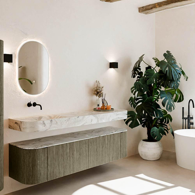 MONDIAZ THOR-DLUX 180cm meuble de salle de bains arrondi gauche + droite couleur Shadow avec 2 tiroirs et 2 portes. Vasque suspendue CLOUD Gauche sans trou de robinet couleur Glace.