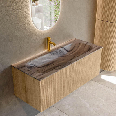 MONDIAZ KURVE-DLUX Meuble de salle de bains 110 cm couleur Oak avec 1 tiroir et 0 porte. Lavabo BIG MEDIUM Central 1 trou de robinet Sombra.