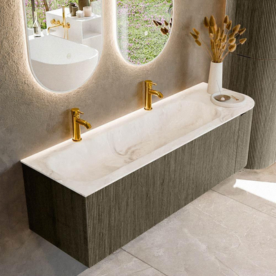 Mondiaz KURVE-DLUX Badkamermeubelset - 145x46x40cm - 1 lade - 1 deur - wastafel solid surface - links - 2 kraangaten - Shadow