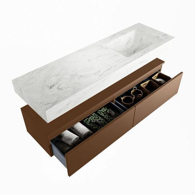 Mondiaz ALAN-DLUX Ensemble de meuble - 150cm - meuble Rust mat - 2 tiroirs - Lavabo Cloud Opalo suspendu - vasque Droite - 0 trous de robinet