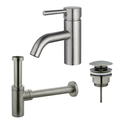 FortiFura Calvi Kit mitigeur lavabo - robinet bas - bonde clic clac - siphon design - PVD Inox brossé