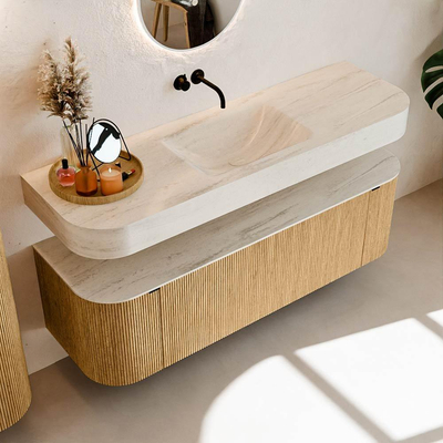 MONDIAZ THOR-DLUX 150cm badmeubel ronding links + rechts kleur Oak met 1 lade en 2 deuren. Vrijhangende wastafel CLOUD Midden zonder kraangat kleur Meli.