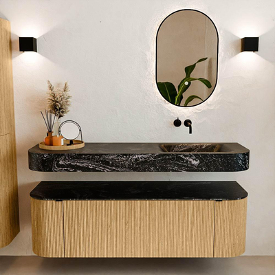 MONDIAZ THOR-DLUX 150cm meuble de salle de bains arrondi gauche + droite couleur Oak avec 1 tiroir et 2 portes. Vasque suspendue CLOUD droite sans trou de robinet couleur Lava.