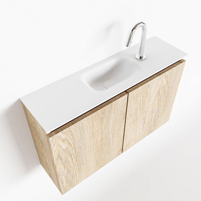 Mondiaz TURE Meuble lave-mains 80x23x50cm 1 trou de robinet 2 portes Washed oak mat Lavabo Eden Centre Solid Surface Blanc