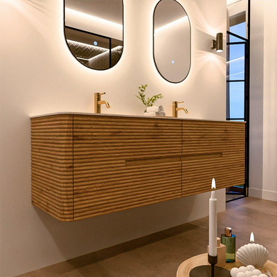 Mondiaz CIRO-DLUX Ensemble de meubles de salle de bains - 160x45x50cm - Plan vasque Solid surface Meli - 2 vasques Double - 2 trous de robinet - 4 tiroirs - Chêne