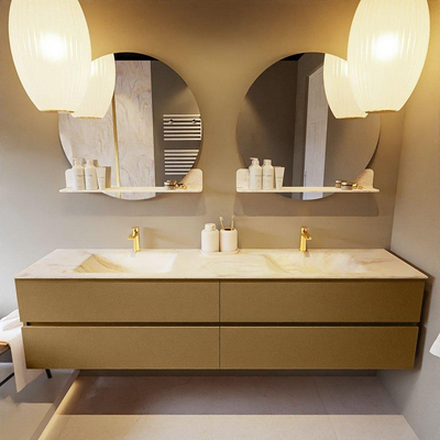 Mondiaz VICA-DLUX ensemble de meuble de salle de bain - 200cm - meuble sous-vasque oro - 4 tiroirs - lavabo encastré cloud double - 2 trous de robinet - miroir modèle spot - version XL 60cm de haut - ostra