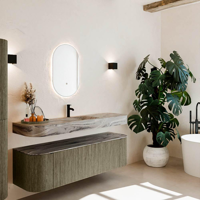 MONDIAZ THOR-DLUX 160cm badmeubel ronding links + rechts kleur Shadow met 1 lade en 2 deuren. Vrijhangende wastafel CLOUD Midden 1 kraangat kleur Sombra.