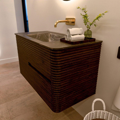 Mondiaz CIRO-DLUX Badkamermeubelset - 90x45x50cm - Solid surface wastafel Lava - 1 wasbak Midden - zonder kraangaten - 2 lades - Walnut