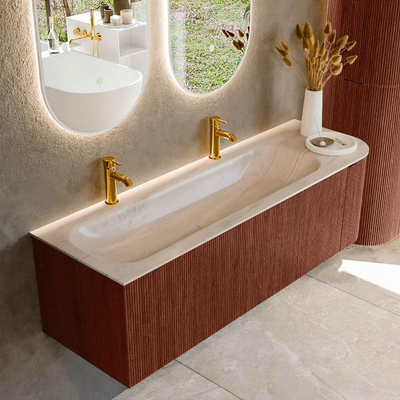 MONDIAZ KURVE-DLUX 145cm badmeubel ronding Rechts kleur Ruby met 1 lade en 1 deur. Wastafel BIG LARGE Links 2 kraangaten Meli.