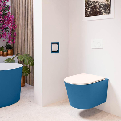 Mondiaz LAVIE hangtoilet – spoelrandloos – 36 x 53 cm – met softclose zitting – Jeans (blauw), zitting Rosee (roze)