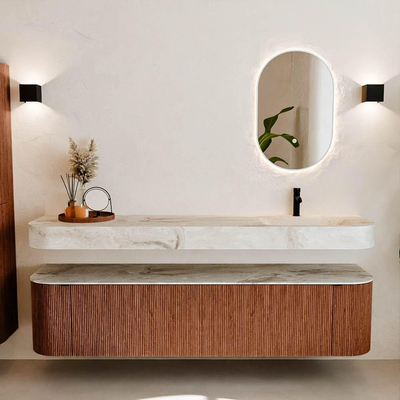 MONDIAZ THOR-DLUX Meuble de salle de bains - 190cm - arrondi gauche + droite - couleur Ruby - 2 tiroirs et 2 portes - Vasque suspendue CLOUD Droite 1 trou de robinet couleur Frappe