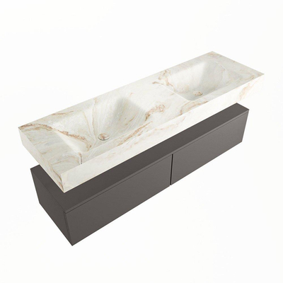 Mondiaz ALAN-DLUX Ensemble de meuble - 150cm - meuble Dark grey mat - 2 tiroirs - Lavabo Cloud Frappe suspendu - vasque Gauche et droite - 0 trous de robinet
