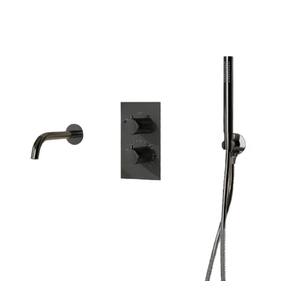 Fortifura Calvi Ensemble de robinet de baignoire - bec - 22cm réductible - flexible en métal - douchette à main - partie encastrable - support mural - gunmetal PVD brossé