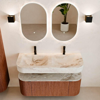 MONDIAZ THOR-DLUX 120cm meuble de salle de bains arrondi gauche + droite couleur Ruby avec 1 tiroir et 2 portes. Vasque suspendue CLOUD Double 2 trous de robinet couleur Frappe.