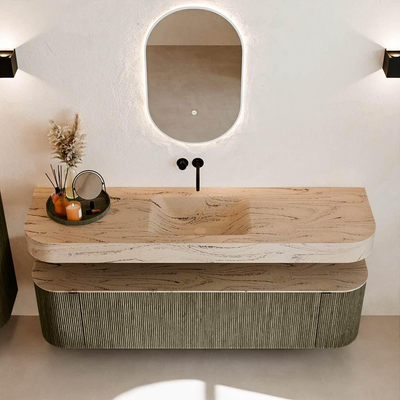 MONDIAZ THOR-DLUX 170cm meuble de salle de bains arrondi gauche + droite couleur Shadow avec 1 tiroir et 2 portes. Vasque suspendue CLOUD Milieu sans trou de robinet couleur Arena.