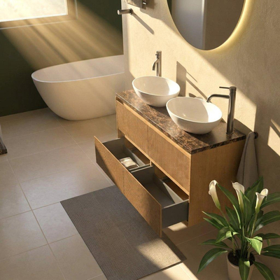 Saniclass Holz Atelier Ensemble de meuble de salle de bains - 120x45x63cm - Plan de toilette en pierre naturelle Noche dark emperador - 2 trous de robinetterie - 2 tiroirs - chêne natural mat (bois)