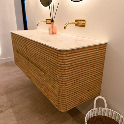 Mondiaz CIRO-DLUX Ensemble de meuble de salle de bains - 140x45x50cm - Plan-vasque solid surface Ostra - 2 vasques double - sans trous de robinet - 4 tiroirs - Chêne