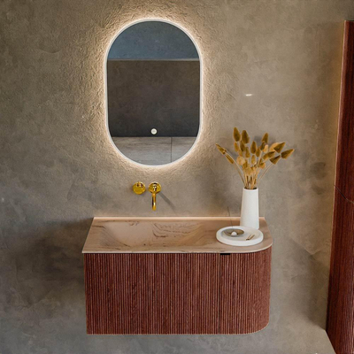 MONDIAZ KURVE-DLUX Meuble de salle de bains 85cm arrondi à droite couleur Ruby avec 1 tiroir et 1 porte. Lavabo CLOUD à gauche sans trou de robinet Arena.