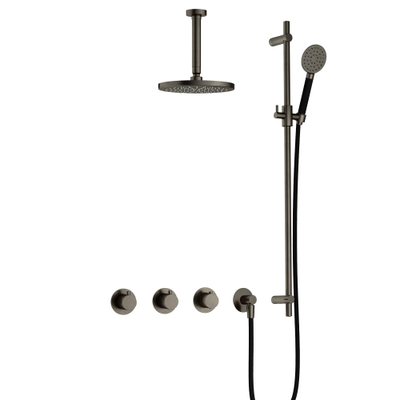 Hotbath Cobber ensemble de douche thermostatique avec 2 stop valves avec douchette ronde tuyau plafond 15cm et barre coulissante vieux fer