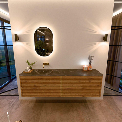 Mondiaz CIRO-DLUX Badkamermeubelset - 180x45x50cm - Solid surface wastafel Lava - 1 wasbak Links - zonder kraangaten - 4 lades - Oak