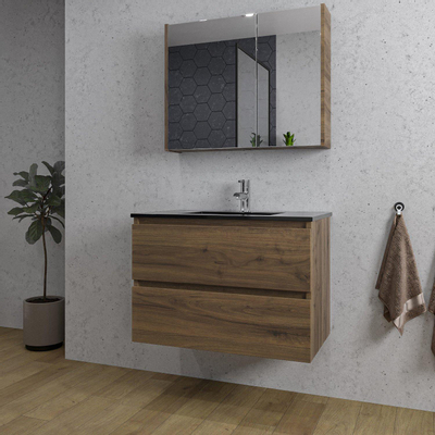Saniclass Chaci Meuble de salle de bain - 80x46x55cm - lavabo en céramique noir - 1 vasque - 1 trou de robinet - 2 tiroirs - armoire miroir - noyer (hout)
