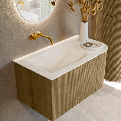 Mondiaz KURVE-DLUX Ensemble de meuble de salle de bains - 85x46x40cm - 1 tiroir - 1 porte - lavabo solid surface - gauche - sans trou de robinet - Dusk