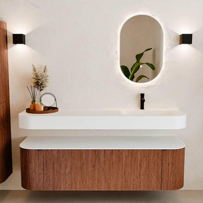 MONDIAZ THOR 160cm meuble de salle de bains arrondi gauche + droite couleur Ruby avec 1 tiroir et 2 portes. Vasque suspendue CLOUD Droite 1 trou de robinet couleur Talc.