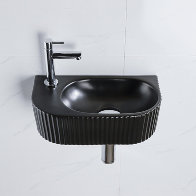 QeramiQ Fuente pack lave-mains – demi-rond – 40 x 21,5 x 12 cm – céramique noir mat – robinet chromé – cannelé