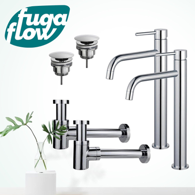 FugaFlow Eccelente Sobrado Slim Kit robinet lavabo - pour double vasque - robinet rehaussé - bonde non-obturable - siphon design bas - Chrome brillant