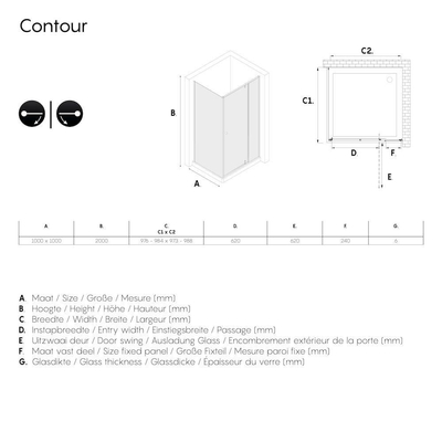 Sealskin Contour draaideur met zijwand 100x100 cm, 200 cm hoog, RVS, 6 mm helder veiligheidsglas